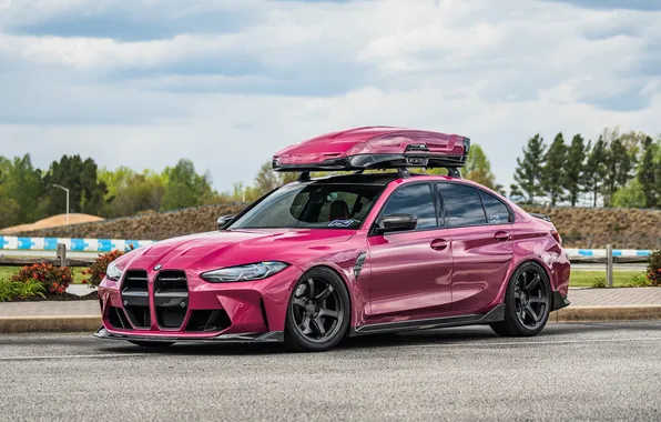 Картинка BMW, Road, Trees, BMW M3, Pink, Stance