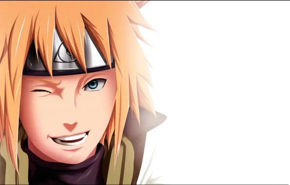Улыбка, белый фон, подмигивание, папа, ninja, четвертый хокаге, Naruto Shippuden, Konoha