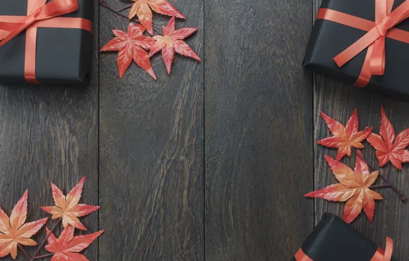 Картинка осень, листья, фон, дерево, подарки, halloween, wood, background