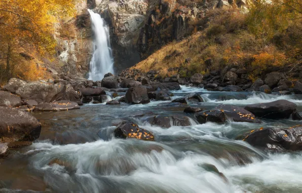 Картинка осень, пейзаж, природа, камни, скалы, водопад