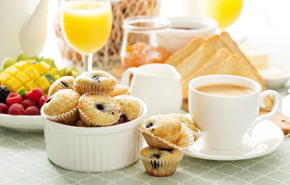 Кофе, завтрак, сок, чашка, фрукты, джем, кексы, тосты