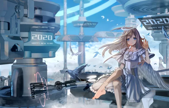 Девушка, город, птица, арт