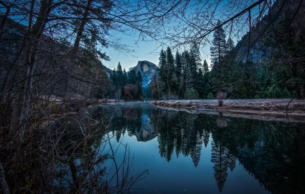 Картинка зима, горы, природа, отражение, река, сумерки, Yosemite National Park