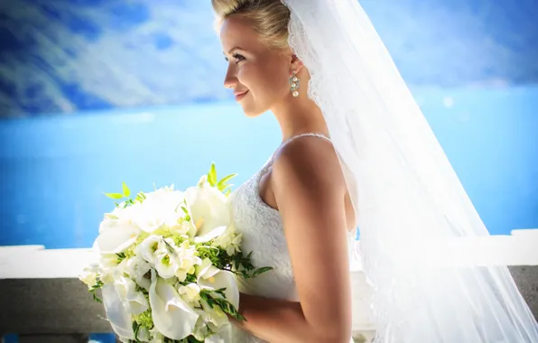 Картинка девушка, блондинка, girl, невеста, blonde, свадебный букет, bride, wedding bouquet