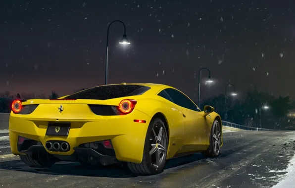Картинка Ferrari, 458, Snow, Yellow, Italia, Road, Supercar, Rear