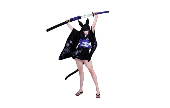 Girl, Asian, White, Katana, Sword, Japanese, Kimono, Tail
