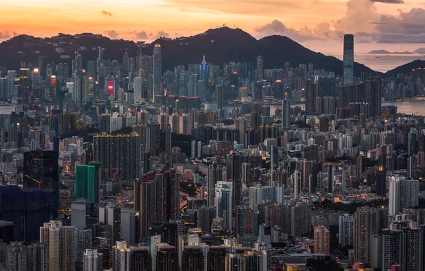 Закат, город, Hong Kong