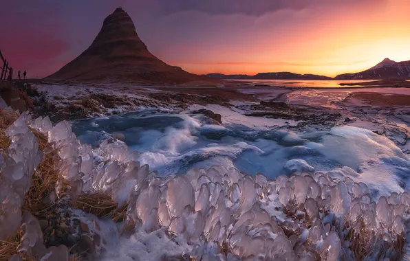 Ice, sky, sunset, waterfall, cold, iceland, vulcano, lirkjufell