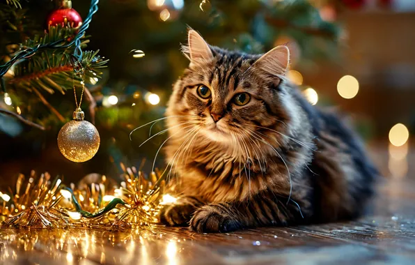 Кошка, Кошки, Новый год, Елка, Мешура