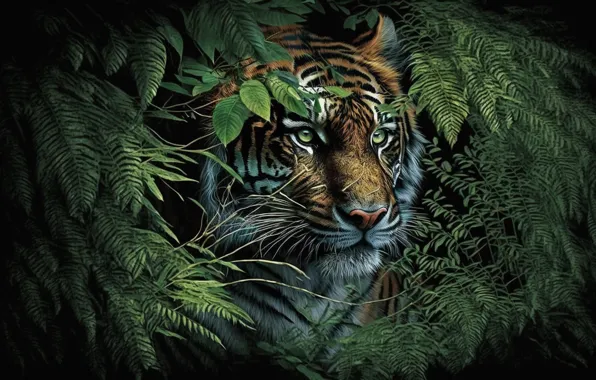 Картинка Взгляд, Тигр, Усы, Морда, Хищник, Джунгли, Бенгальский тигр, Цифровое искусство