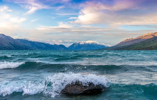 Волны, брызги, озеро, камень, всплески, Новая Зеландия, New Zealand, Dominic Kamp