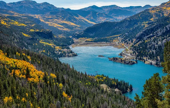 Картинка лес, деревья, горы, озеро, панорама, США, вид сверху, Colorado