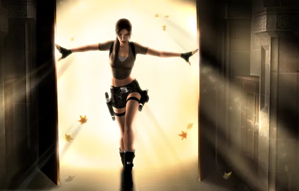 Картинка девушка, фантастика, пистолеты, дверь, храм, Tomb Raider, Лара Крофт, кленовые листья