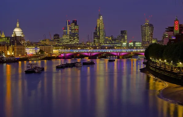 Картинка огни, Англия, Лондон, вечер, Темза, сумерки, мост Ватерлоо
