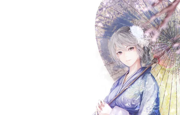 Девушка, ветки, зонт, сакура, кимоно