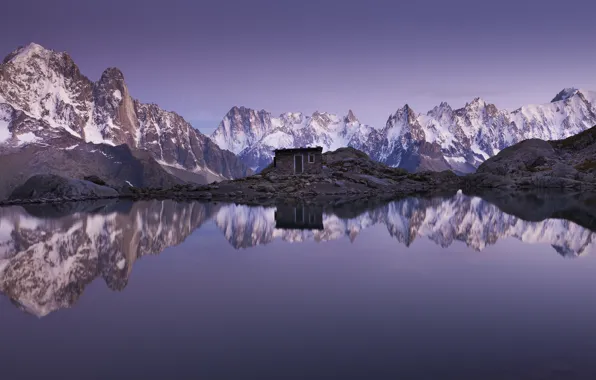 Картинка горы, озеро, отражение, Франция, Альпы, хижина, France, Alps