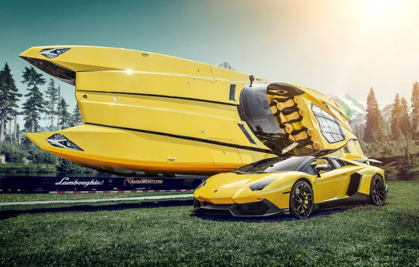 Желтый, катер, supercar, Lamborghini Aventador, Lamborghini Boat