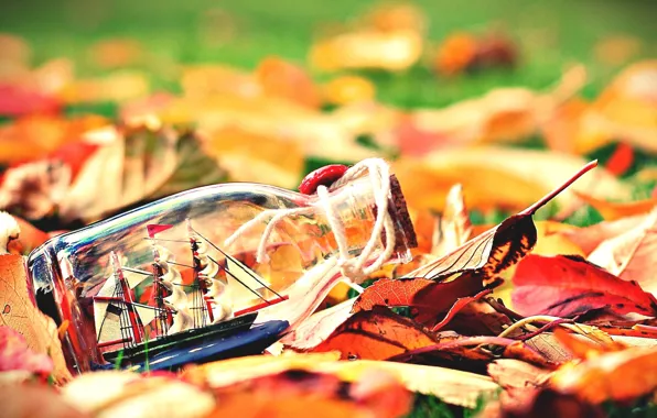 Картинка осень, листья, фон, widescreen, обои, настроения, лодка, корабль