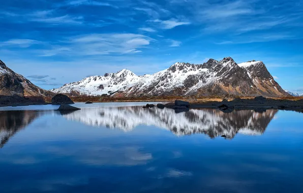 Картинка небо, горы, отражение, Норвегия, Lofoten