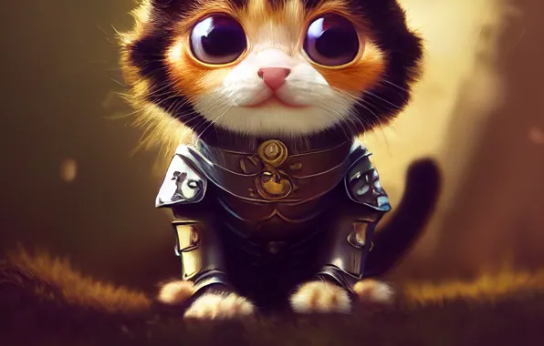 Кошка, кот, взгляд, свет, котенок, фантазия, котик, доспехи