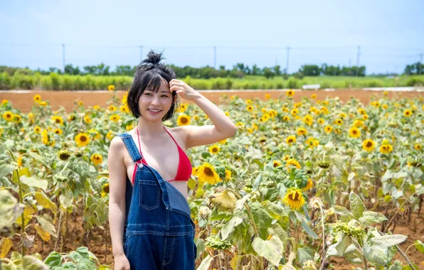 Asian, Model, Smile, Woman, Japanese, Outdoor, Sunflower, Shorthair
