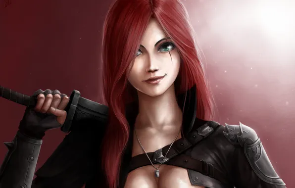 Картинка взгляд, девушка, лицо, оружие, рука, арт, league of legends, красные волосы