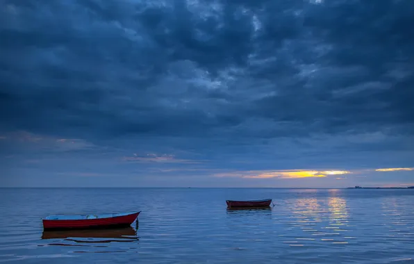 Картинка море, пейзаж, ночь, лодки