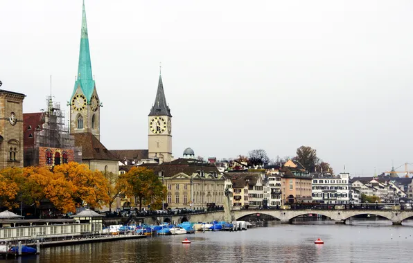 Мост, река, дома, Швейцария, Switzerland, Цюрих, архитектура., Zurich