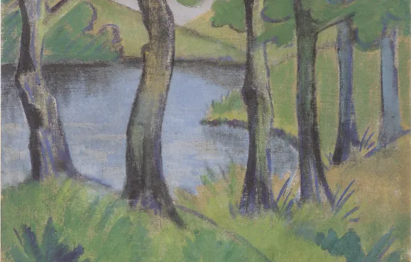 Трава, деревья, озеро, кусты, Экспрессионизм, Otto Mueller, ca1919, Waldsee