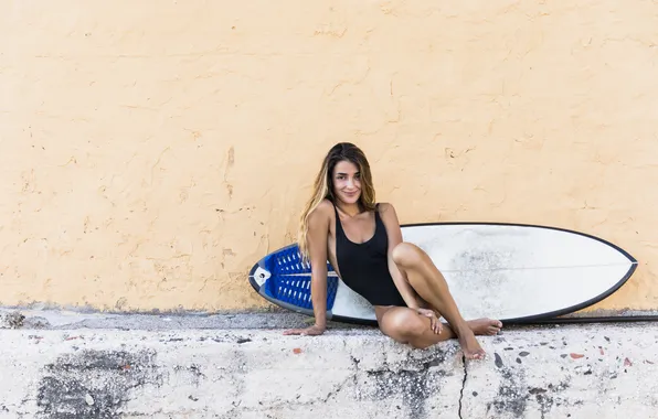 Girl, beautiful, model, swimsuit, surfboard