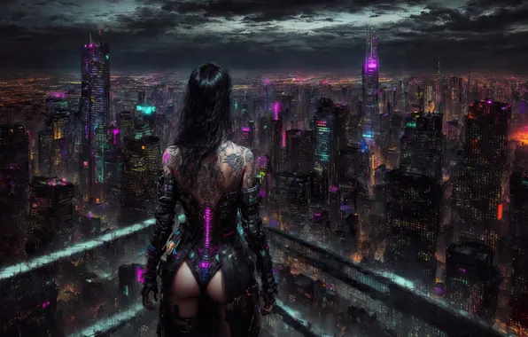 Girl, fantasy, night, art, painting, digital art, town, fantasy art