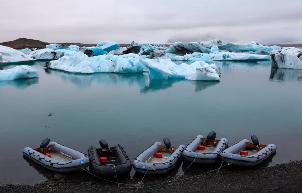Картинка море, берег, лёд, лодки, залив, лагуна, Исландия, Lagoon