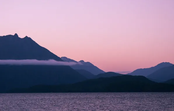 Закат, горы, озеро, british columbia, vancouver island, Kennedy Lake