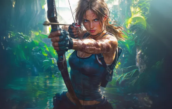 Картинка Tomb Raider, girl, wet, jungle, look, Lara Croft, bow, sweat