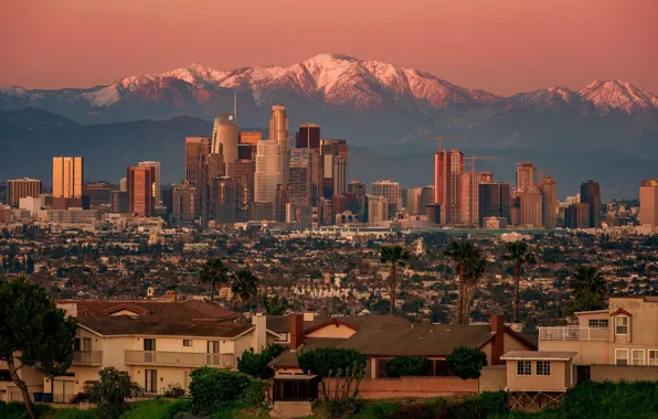 Обои закат, горы, дома, панорама, США, Лос-Анджелес на телефон и рабочий  стол, раздел город, разрешение 2048x1264 - скачать