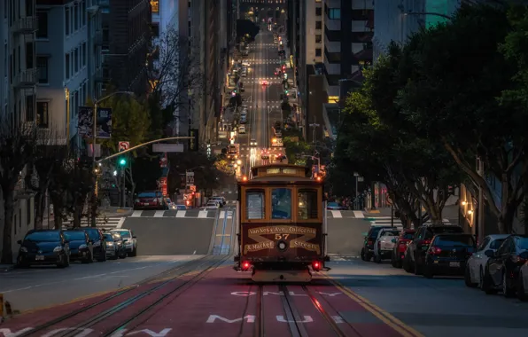 Картинка дорога, авто, машины, улица, здания, Калифорния, Сан-Франциско, трамвай