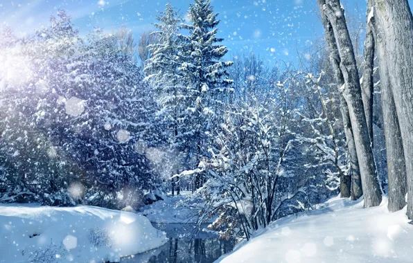 Картинка сугробы, небо, снег, зима, деревья, снежинки, вода, речка
