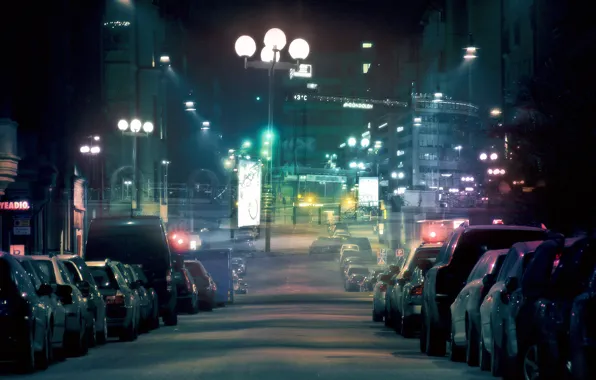 Картинка улица, фонари, ночной город, автомобили