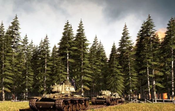 Картинка дорога, лес, небо, деревья, колонна, КВ-1, танков, &ampquot;Клим Ворошилов&ampquot;