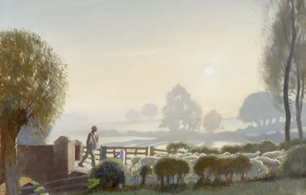 Пейзаж, картина, Мальчик-пастух. Рассвет, George Clausen, Джордж Клаузен