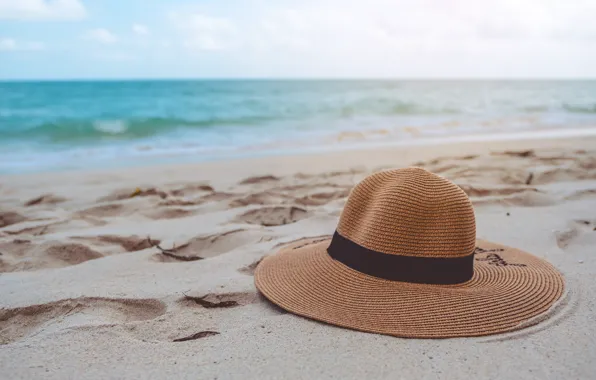 Картинка песок, море, волны, пляж, лето, шляпа, summer, beach