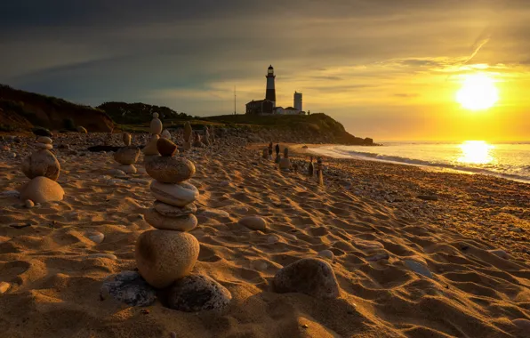Beach, Golden Sunrise, Montauk Lighthouse