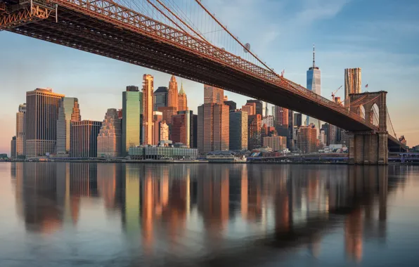 Мост, река, дома, Нью-Йорк, США, Манхэттен