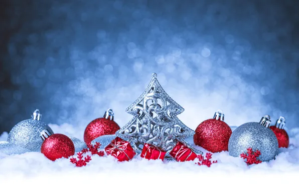 Картинка шарики, снег, фон, шары, Рождество, Новый год, мишура, ёлочка