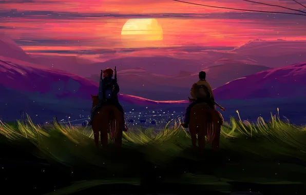 Sunset, night, riders