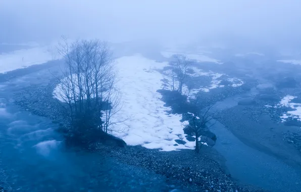 Снег, туман, река, ручей, весна