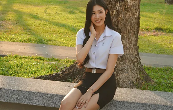 Grass, Beautiful, Asian, Model, Tree, Smile, Woman, Evening