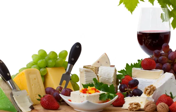 Картинка вино, красное, бокал, сыр, клубника, виноград, грецкие орехи