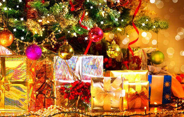 Картинка праздник, шары, игрушки, новый год, ель, подарки