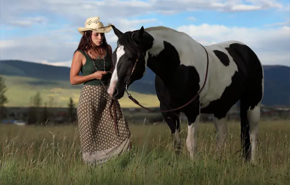 Grass, sky, hot girl, field, nature, clouds, leather, horse